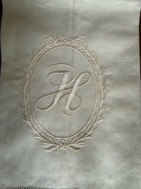 Pair of Embroidered Linen Hand Towels with Monogram “H”